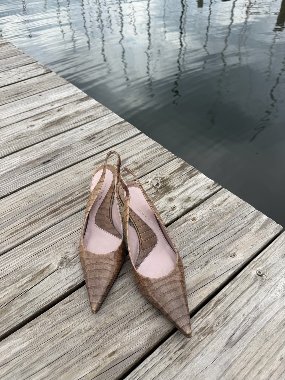 Kenneth Cole Tan Croc-Embossed Pointed Slingback Heels